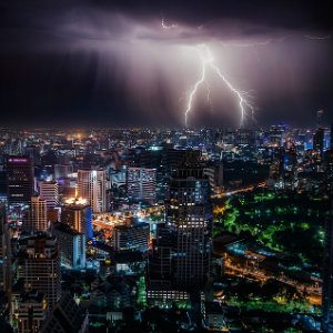 storm over the city creating dangerous conditions